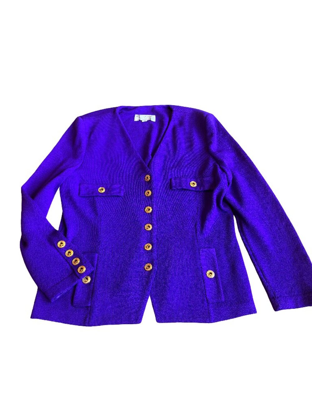 St. John Collection Purple Santana Knit Jacket Blazer Gold Button Size 10 Womens